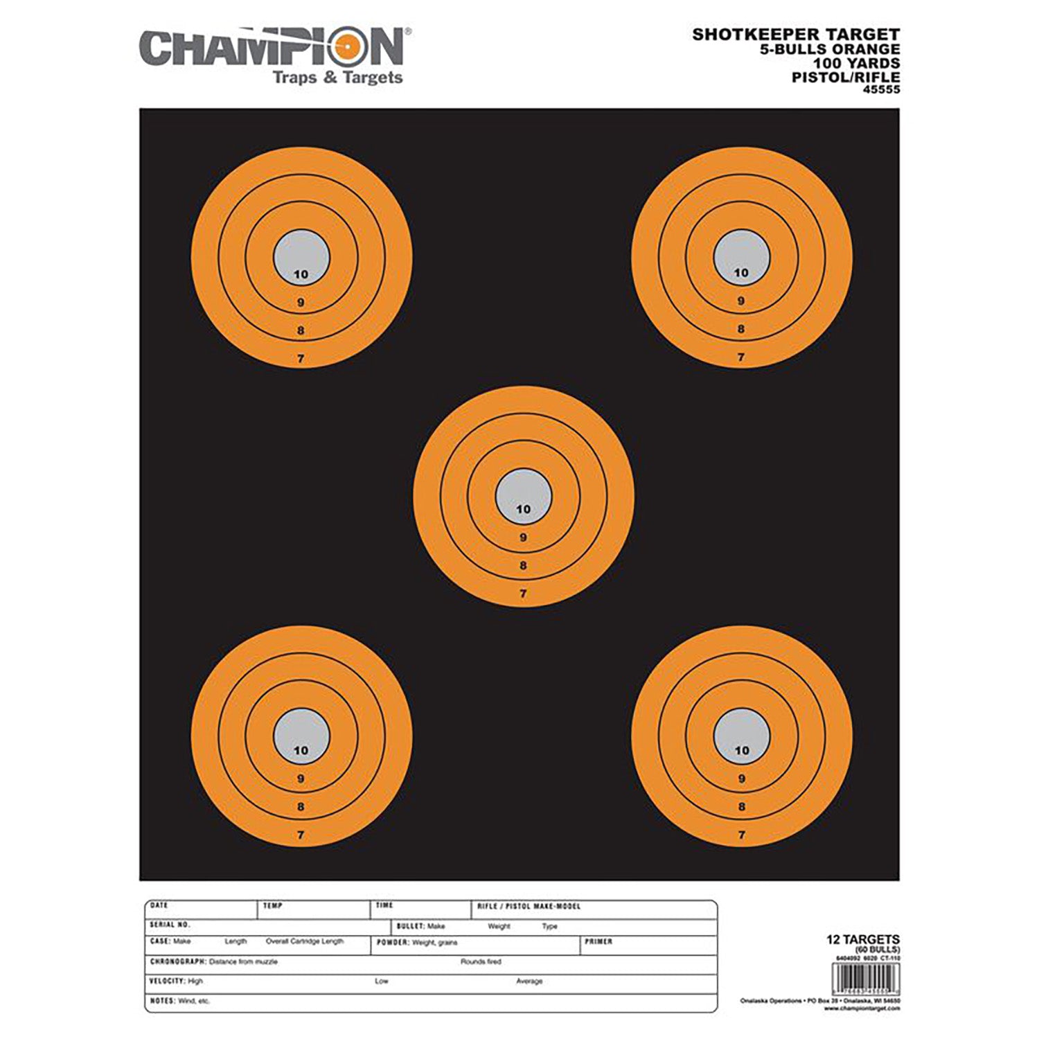 Champion Targets 45555 Shotkeeper 5" Bullseye Paper 100 yds Pistol/Rifle Large Black/Orange 12 PK