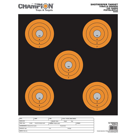 Champion Targets 45555 Shotkeeper 5" Bullseye Paper 100 yds Pistol/Rifle Large Black/Orange 12 PK