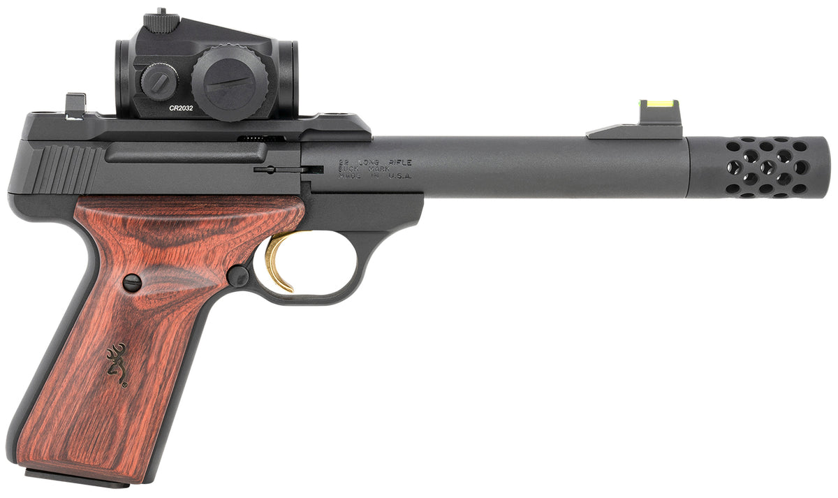 Browning 051580490 Buck Mark Hunter 22 LR 10+1 5.90" Bull/Threaded/Muzzle Brake Barrel, Matte Black Serrated Steel Slide & Aluminum Frame Laminate Cocobolo Grips, Vortex Crossfire Red Dot