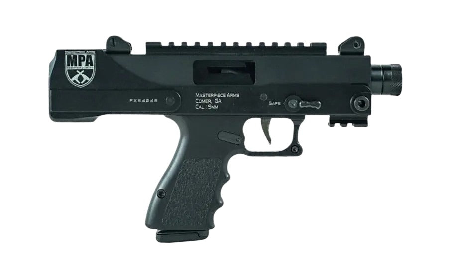 MasterPiece Arms 30DMGBLK Defender Top Cocking TB 9mm Luger Caliber with 4.50" Barrel, 17+1 Capacity, Overall Black Cerakote Finish, Black Aluminum Grip Right Hand Includes Polymer Case