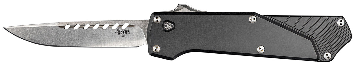 Southern Grind SG12030020 Arachnid 3.20" OTF Drop Point Plain Satin PVD Coated S35VN SS Blade, Black Aluminum Handle Features Blood Groove on Blade