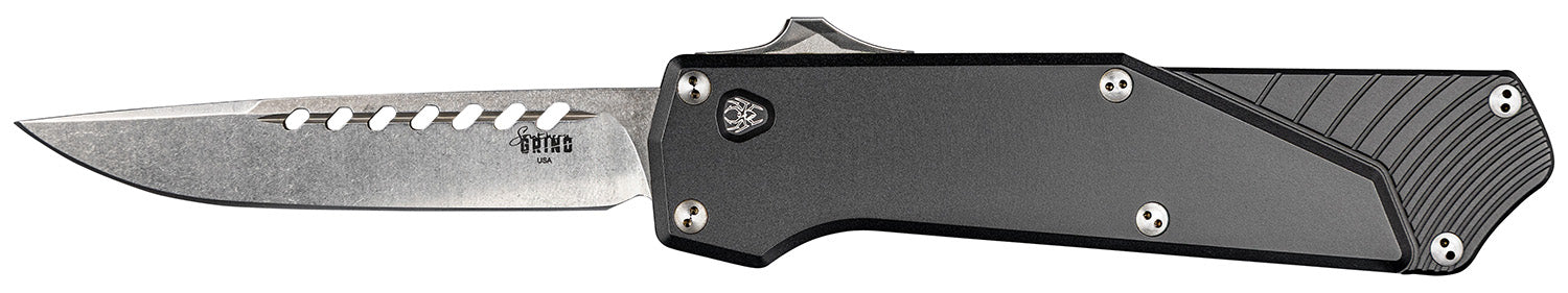 Southern Grind SG12030020 Arachnid 3.20" OTF Drop Point Plain Satin PVD Coated S35VN SS Blade, Black Aluminum Handle Features Blood Groove on Blade