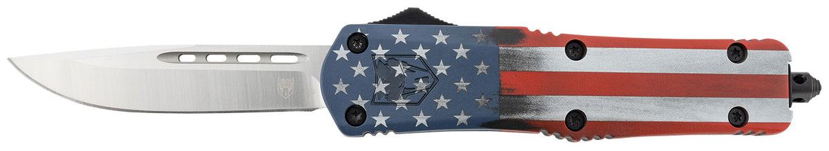 CobraTec Knives MCUSAFS3DNS FS-3 American Flag Medium 3" OTF Drop Point Plain Satin D2 Steel Blade, 5" US Flag Aluminum Cerakoted Handle