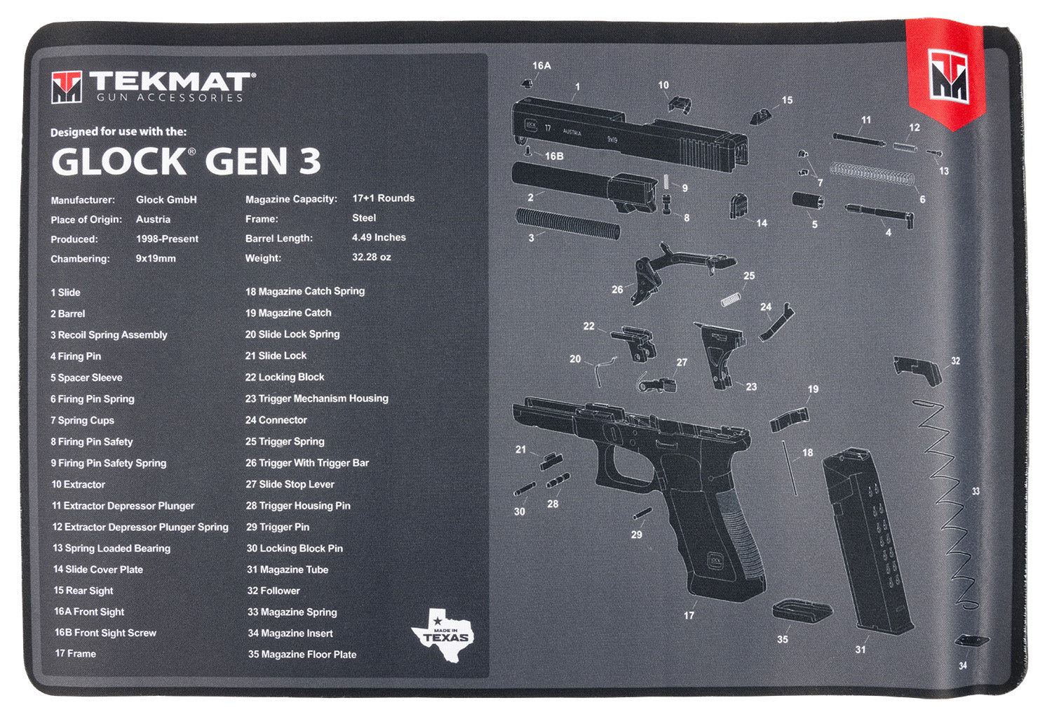 TekMat TEKR17GLOCKG3 Glock Gen 3 Black/White Rubber 11"x17" Glock Gen3 Parts Diagram