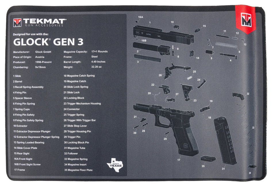 TekMat TEKR17GLOCKG3 Glock Gen 3 Black/White Rubber 11"x17" Glock Gen3 Parts Diagram