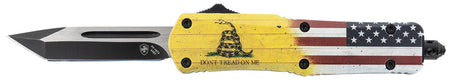 Templar Knife S-DTOM-23-1 Gen II Don't Tread On Me Small 2.69" OTF Plain Black Oxide 440C SS Blade, 4.25" Yellow w/Flag & "Don't Tread On Me" Aluminum Handle, Glass Breaker