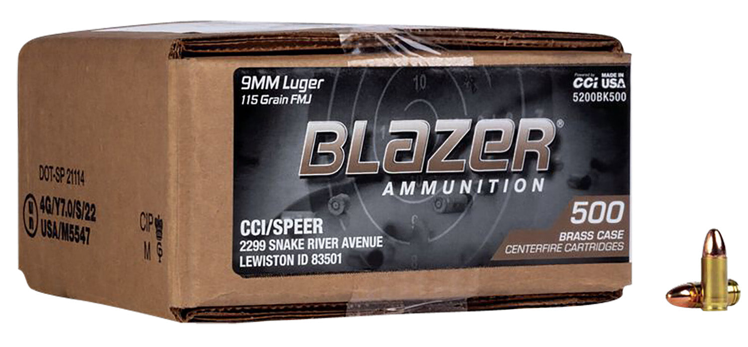 CCI 9mm Luger/Parabellum 5200BK500 Blazer Brass Full Metal Jacket FMJ 115 Grain