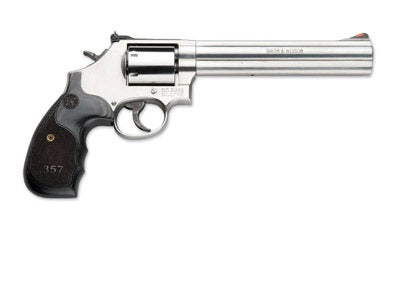 Smith & Wesson 150855 Model 686 Plus 38 S&W Spl +P, 357 Mag 7rd 7" Stainless Steel Barrel & Cylinder Satin Stainless Steel Frame with Black & Silver Custom Wood Grip & Red Ramp Front Sight