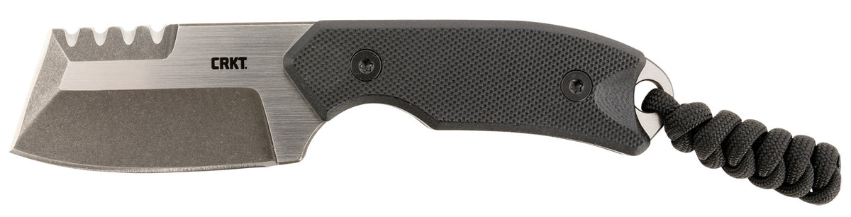 CRKT 4036 Razel Compact 2.32" Fixed Plain/Top Veff Serrations Brushed Stonewashed D2 Steel Blade, Black G10 Handle, Includes Cord Fob/Sheath