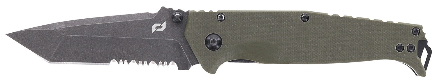 Schrade 1159324 Melee 3.50" Folding Tanto Part Serrated Dark Stonewash D2 Steel Blade 4.50" OD Green G10/SS Handle