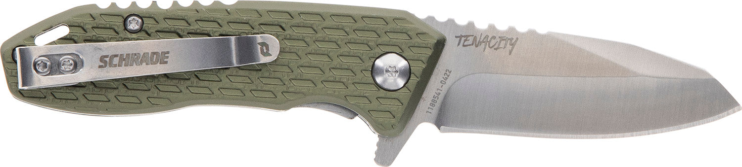 Schrade 1159317 Tenacity Folding Modified Drop Point Part Serrated Satin AUS-10A SS Blade, Green Aluminum Handle