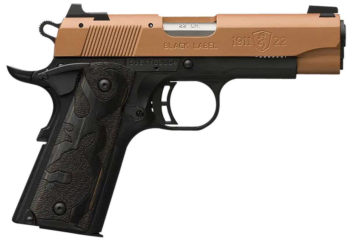 Browning 051896490 1911 Black Label Compact Frame 22 LR 10+1, 3.63" Matte Stainless Steel Barrel, Copper Cerakote Serrated Slide, Matte Black Polymer Frame w/Beavertail, Black Laminate Wood Grip