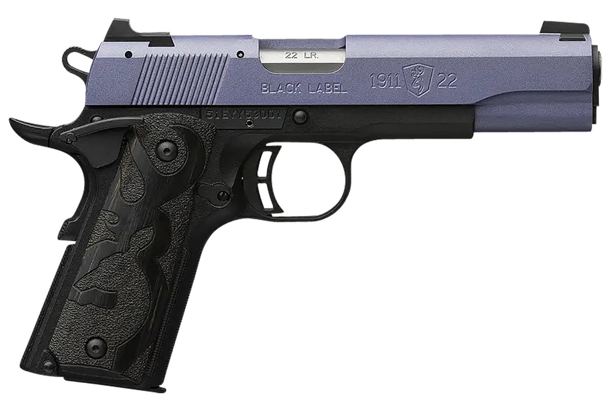 Browning 051893490 1911 Black Label Full Size Frame 22 LR 10+1, 4.25" Matte Stainless Steel Barrel, Crushed Orchid Cerakote Serrated Slide, Matte Black Polymer Frame w/Beavertail