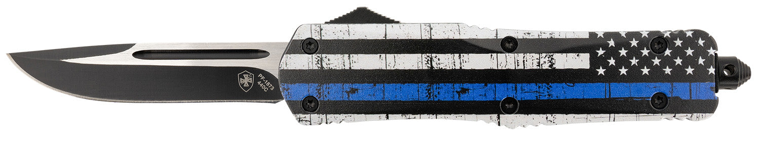 Templar Knife LBTB331 Gen II Back The Blue Large 3.50" OTF Drop Point Plain Black Oxide Stonewashed 440C SS Blade, 5.25" Black & White w/Blue Line Aluminum Handle, Glass Breaker