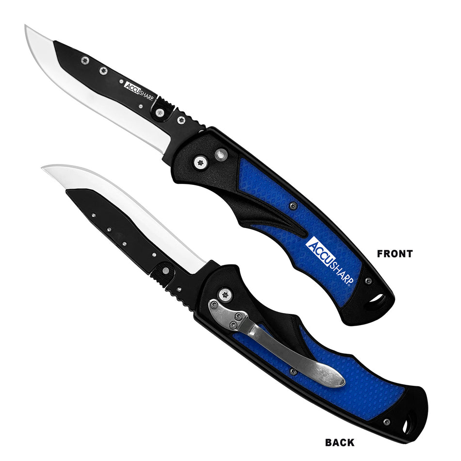 AccuSharp 743C Replaceable Blade Razor 3.50" Folding Plain Stainless Steel Blade/Royal Blue Ergonomic Anti-Slip Anodized Aluminum Handle/Includes 2 Replacement Blades/Belt Clip
