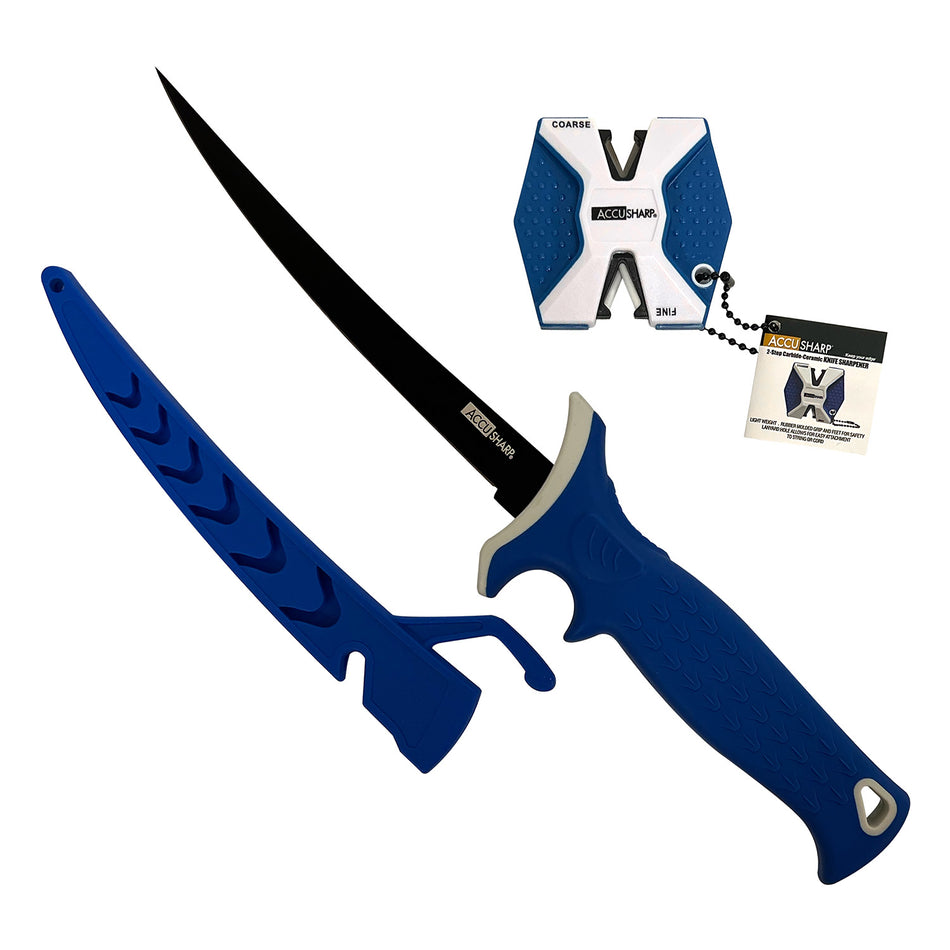 AccuSharp 736C Fillet w/Sharpener 6.50" Fixed Fillet Plain Satin Titanium Coated Stainless Steel Blade/Royal Blue Ergonomic Anti-Slip Rubber Handle Includes 2-Step Sharpener