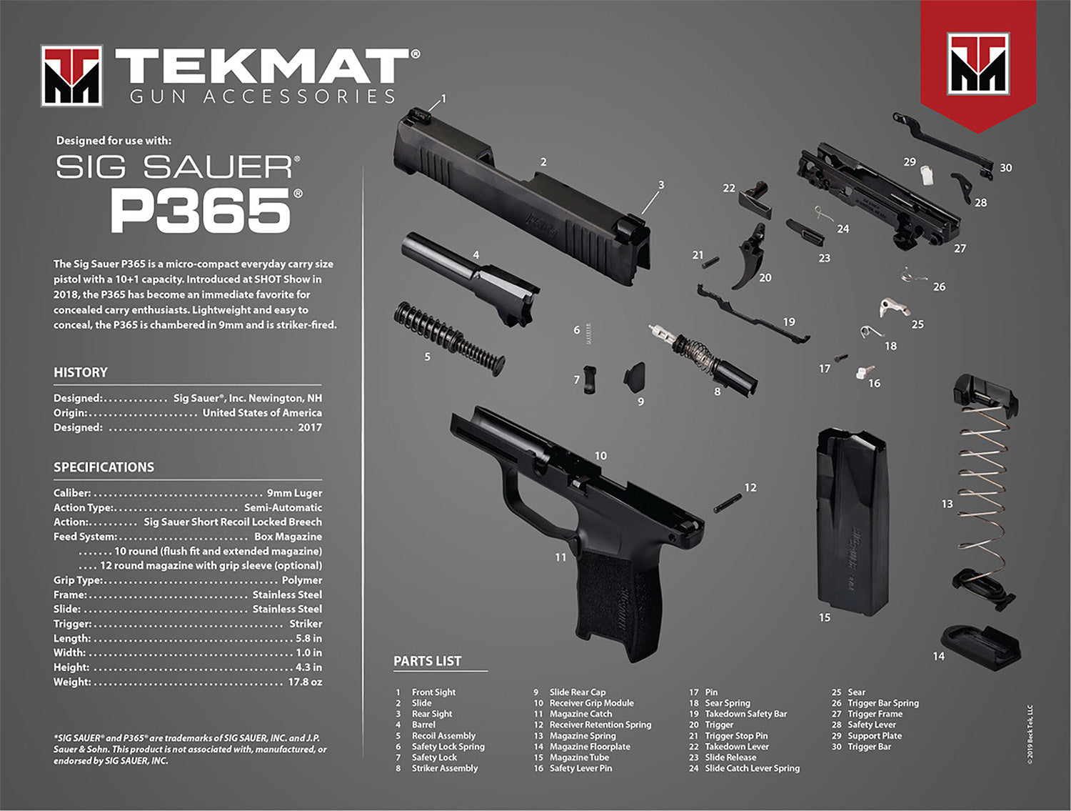 TekMat TEKR20SIGP365 Ultra 20 Cleaning Mat Multi-Color Rubber 15"x20" Sig P365 Parts Diagram