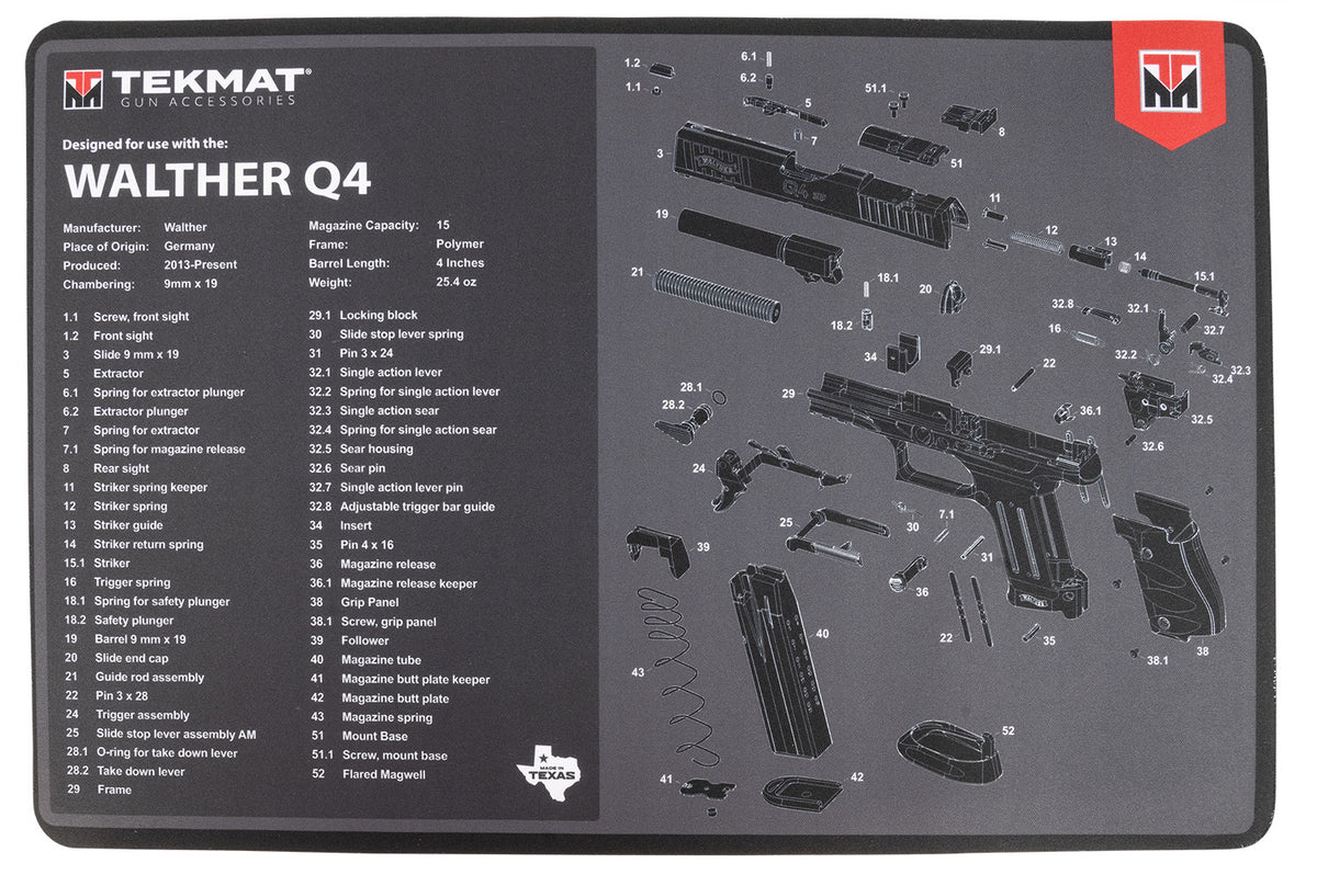 TekMat TEKR17WALQ4SF Walther Q4 SF Cleaning Mat Black/Gray Rubber 11"x17" Walther Q4 Parts Diagram