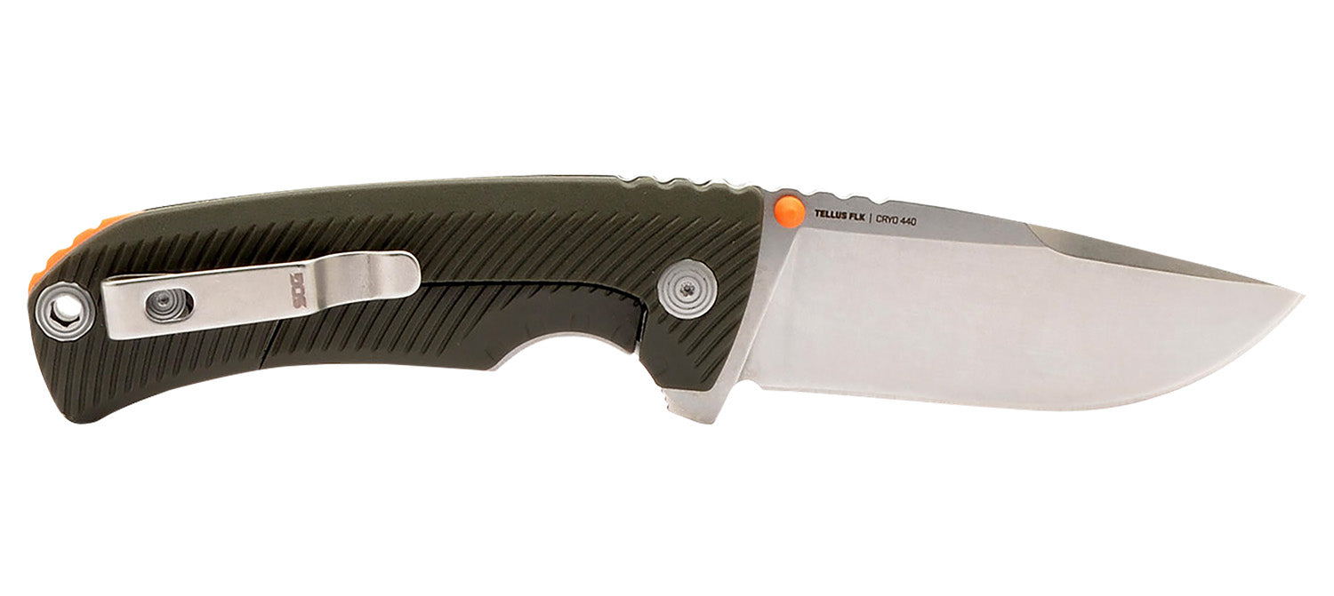 S.O.G SOG14060143 Tellus FLK 3.65" Folding Clip Point Plain Stonewashed Cryo 440C SS Blade/ Olive Drab Textured GRN Handle