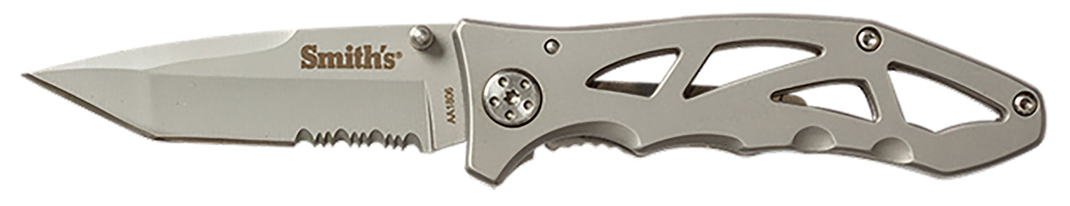 Smiths Products 51009 Caprella 2.95" Folding Drop Point Part Serrated Bead Blasted 400 SS Blade/Silver Skeletonized Stainless Steel Handle Includes Pocket Clip