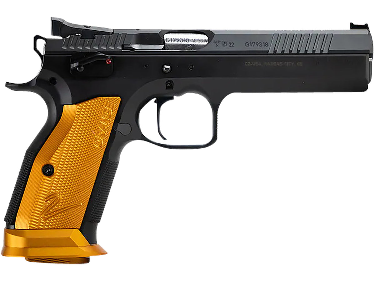 CZ-USA 91266 TS 2 9mm Luger 20+1 5.28" Stainless Bull Barrel, Black Serrated Steel Slide, Black Polycoat Steel Frame w/Beavertail, Orange Checkered Aluminum Grip