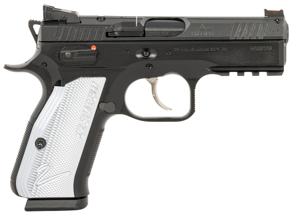 CZ-USA 91252 Shadow 2 Compact Frame 9mm Luger 15+1, 4" Black Steel Barrel, Black Nitride Serrated Steel Slide, Black Steel Frame w/Beavertail & Picatinny Rail, Ambidextrous