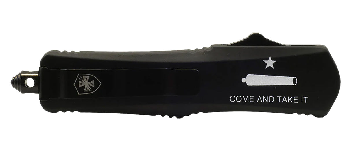 Templar Knife LCATII531 Gen II Come And Take It Small 2.69" OTF Tanto Part Serrated Black Oxide 440C SS Blade, 4.31" Black "Come And Take It" w/Cannon Aluminum Handle, Glass Breaker