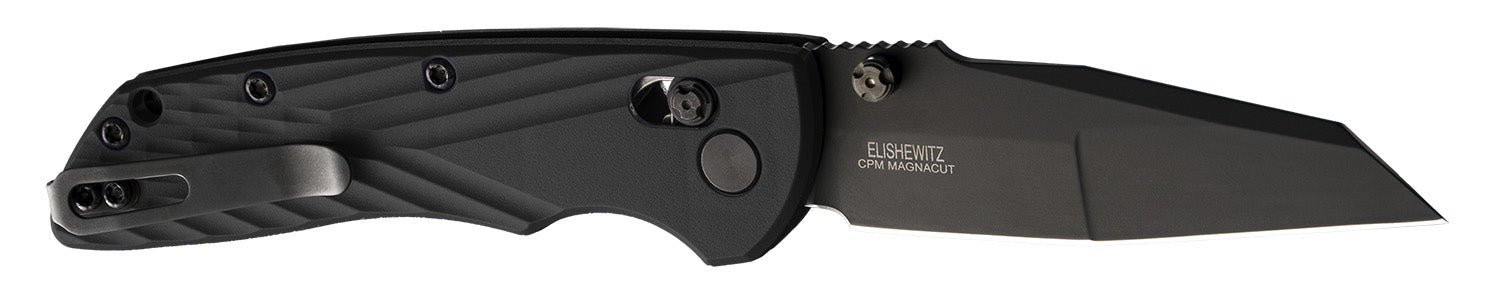 Hogue Deka 3.25" Folding Wharncliffe Plain Black Cerakote CPM MagnaCut SS Blade, Black Crosshatch Textured GRN Handle, Includes Pocket Clip