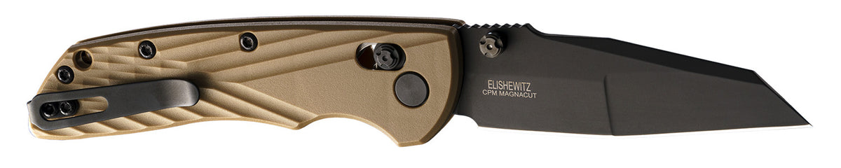 Hogue Deka 3.25" Folding Wharncliffe Plain Black Cerakote CPM MagnaCut SS Blade, FDE Crosshatch Textured GRN Handle, Includes Pocket Clip