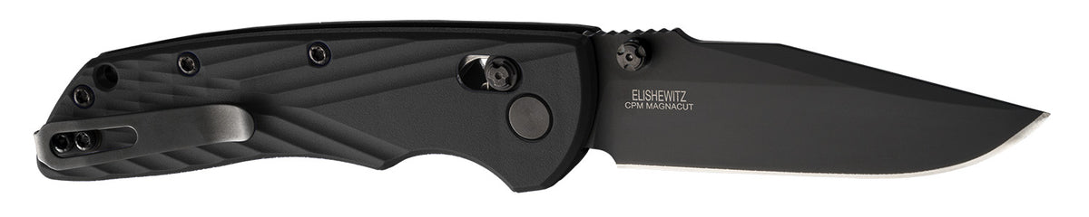 Hogue Deka 3.25" Folding Clip Point Plain Black Cerakote CPM MagnaCut SS Blade, Black Crosshatch Textured GRN Handle, Includes Pocket Clip
