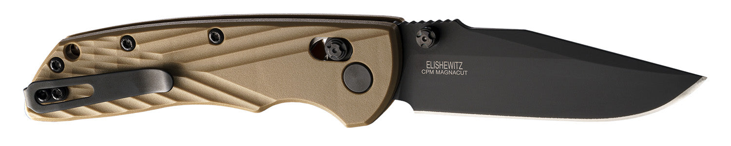 Hogue Deka 3.25" Folding Clip Point Plain Black Cerakote CPM MagnaCut SS Blade, FDE Crosshatch Textured GRN Handle, Includes Pocket Clip
