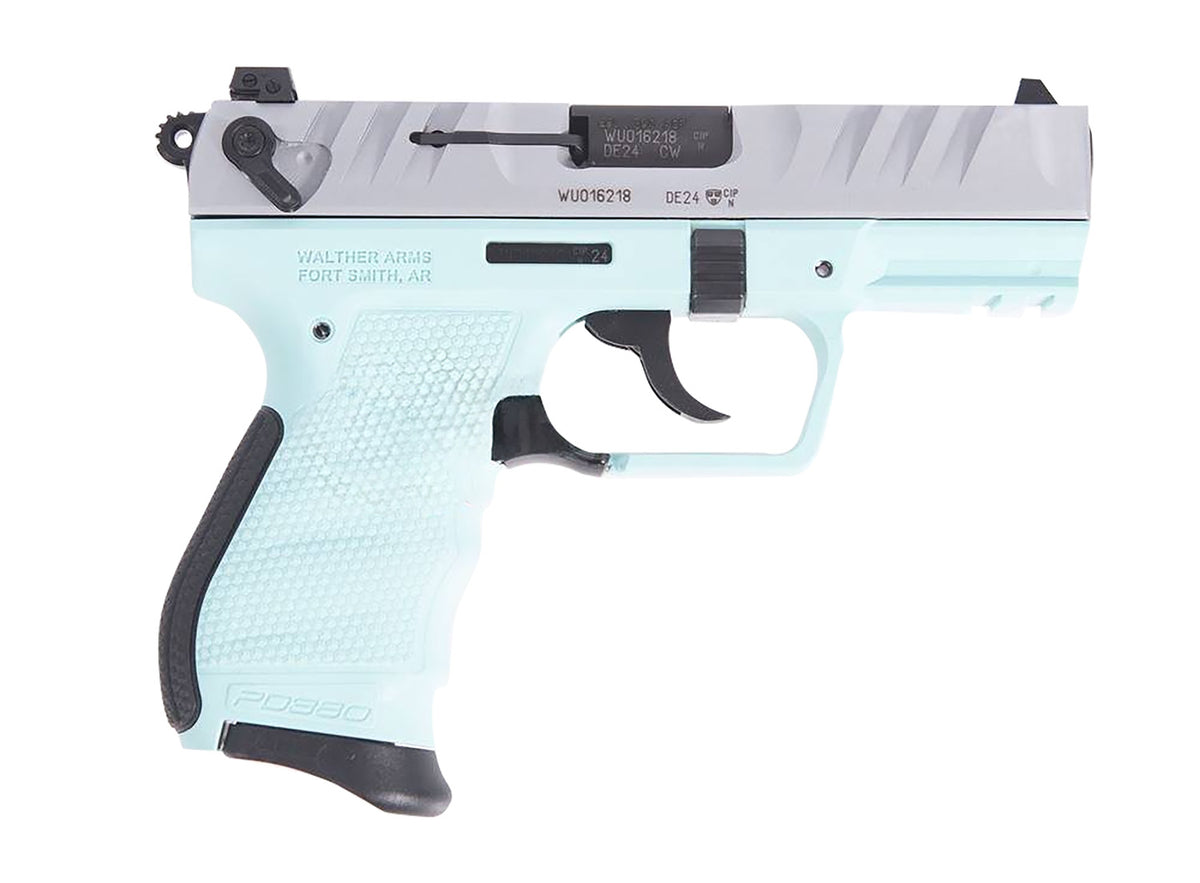 Walther Arms 5050525 PD380 380 ACP 9+1 3.70" Black Steel Barrel, Nickel Serrated Steel Slide, Angel Blue Polymer Frame, Textured Wraparound Grip