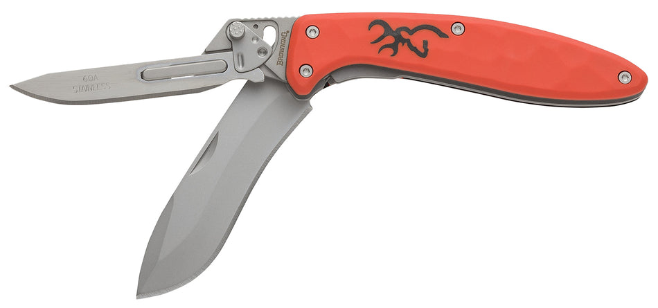 Browning 3220462 Primal Scalpel 2 2.75" Folding Drop Point/Scalpel Plain Blaze Orange 8Cr13MoV SS Blade, Blaze Orange Polymer w/Rubber Overmold Handle