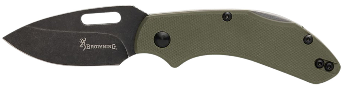 Browning 3220504B Hidden Hollow EDC Small 2.25" Folding Drop Point Plain Black Oxide Stonewashed D2 Steel Blade, OD Green G10 Handle, Box Pkg