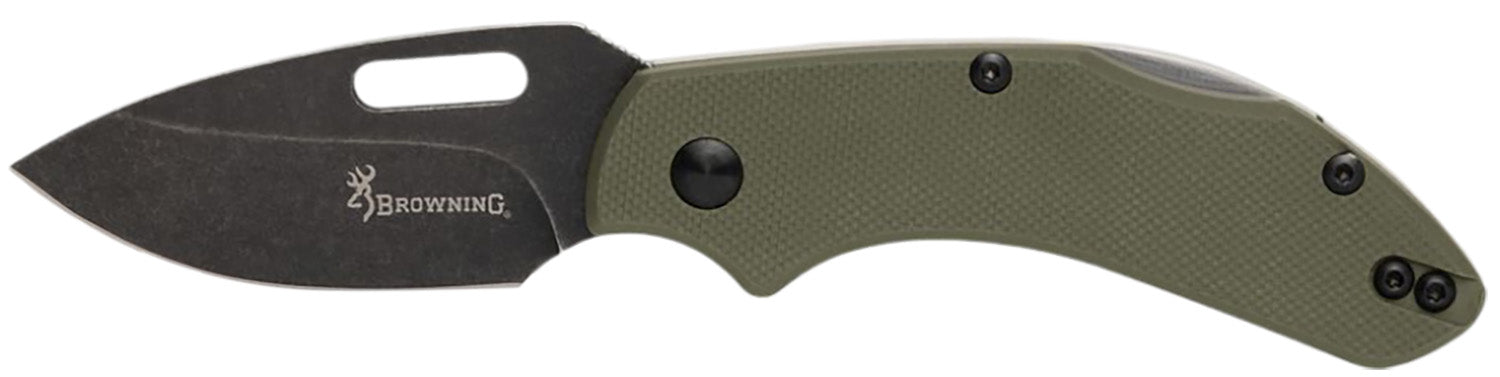 Browning 3220504B Hidden Hollow EDC Small 2.25" Folding Drop Point Plain Black Oxide Stonewashed D2 Steel Blade, OD Green G10 Handle, Box Pkg