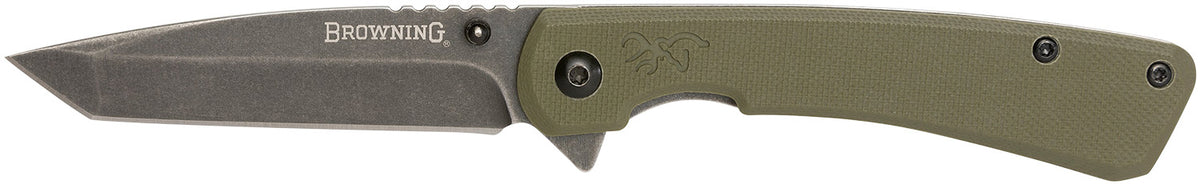 Browning 3220507 Branded Rock EDC 3" Folding Tanto Plain Black Stonewashed 7Cr17MoV SS Blade OD Green, G10 Handle