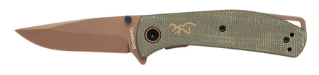 Browning 3220516B Trailside EDC Small 3" Folding Modified Drop Point Plain Titanium Finish D2 Steel Blade, Green Micarta Handle, Boxed Pkg