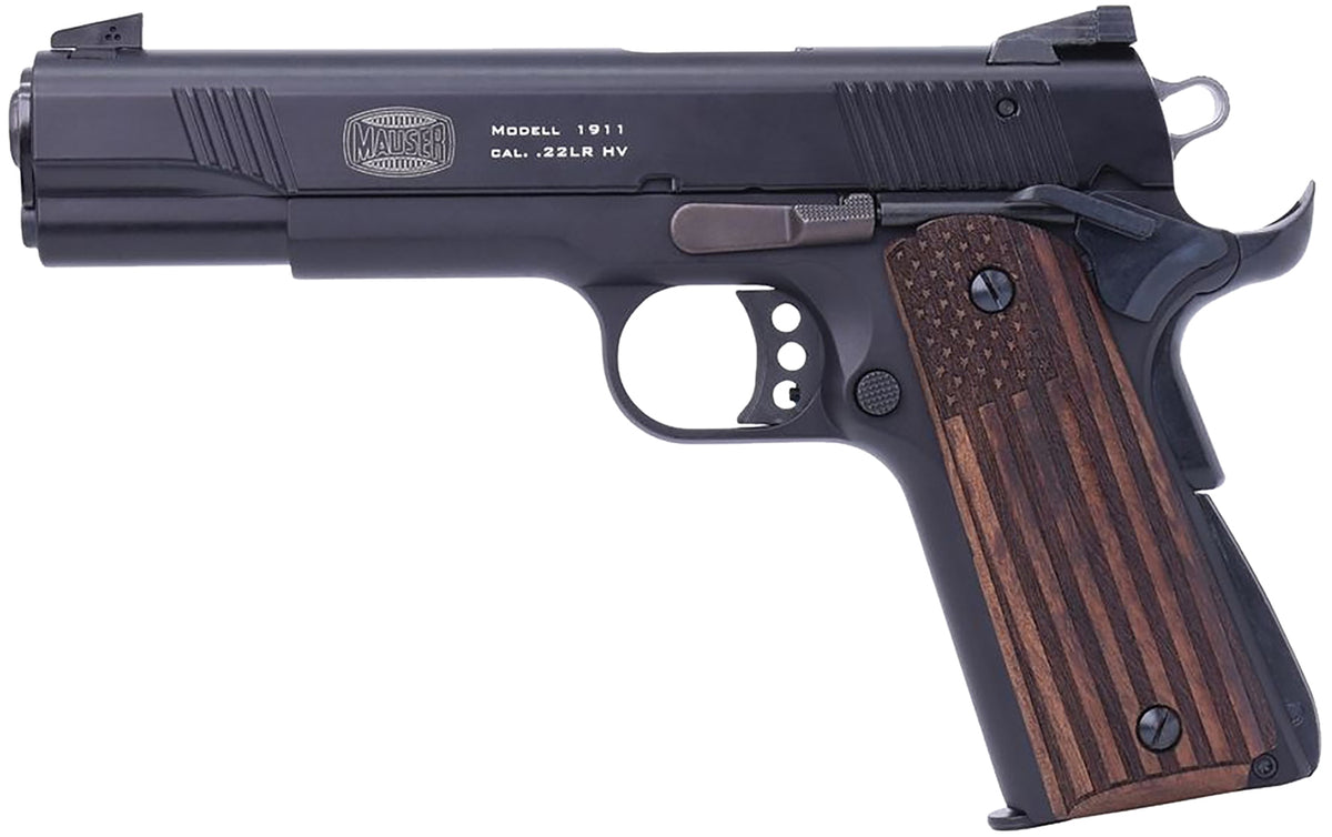 Mauser Rimfire 4110608 1911 22 LR 10+1 5" Black Steel Barrel, Black Serrated Aluminum Slide, Black Aluminum Frame w/Beavertail, Molded Wood Flag Grip, Ambidextrous