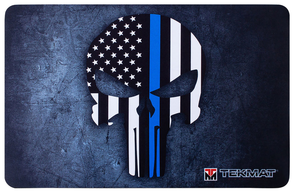 TekMat TEKR17PUNISHERBL Punisher Blue Line Cleaning Mat Black/White/Blue Rubber 11"x17" Blue Line Punisher Skull