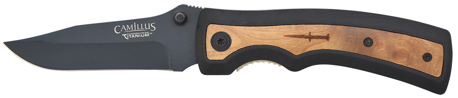 Camillus 19076-001 Slick 3" Folding Clip Point Plain Black Carbonitride Titanium AUS-8A SS Blade, 5" Black Rubber/Wood Handle
