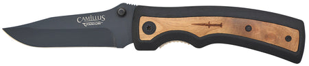 Camillus 19076-001 Slick 3" Folding Clip Point Plain Black Carbonitride Titanium AUS-8A SS Blade, 5" Black Rubber/Wood Handle