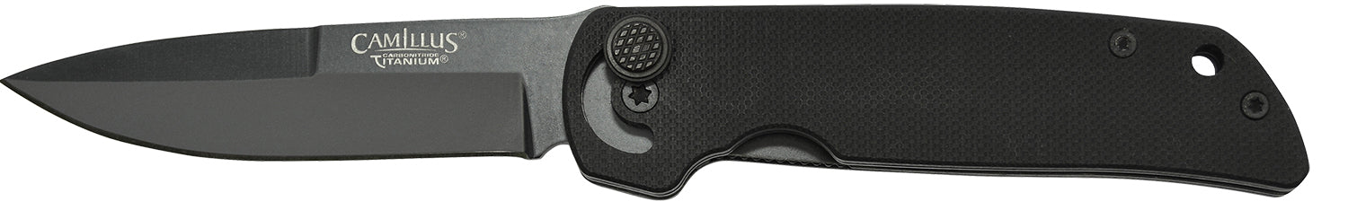 Camillus 19637 Cuda Mini 3" Folding Drop Point Plain Black Carbonitride Titanium AUS-8A SS Blade, Black Textured G10 Handle