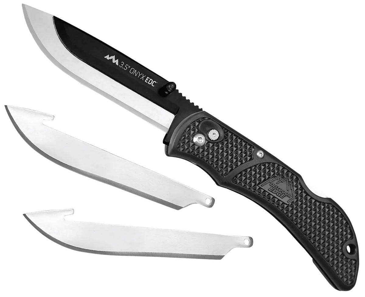 Outdoor Edge OX10C Onyx 3 Blades, 3.50" Folding Drop Point Plain Satin/Black Oxide 420J2 SS Blade, 4.50" Black Textured Grivory Handle