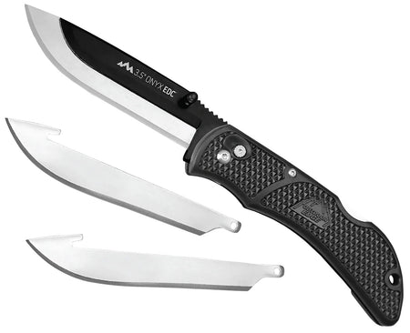 Outdoor Edge OX10C Onyx 3 Blades, 3.50" Folding Drop Point Plain Satin/Black Oxide 420J2 SS Blade, 4.50" Black Textured Grivory Handle