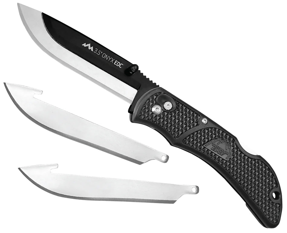 Outdoor Edge OX10C Onyx 3 Blades, 3.50" Folding Drop Point Plain Satin/Black Oxide 420J2 SS Blade, 4.50" Black Textured Grivory Handle