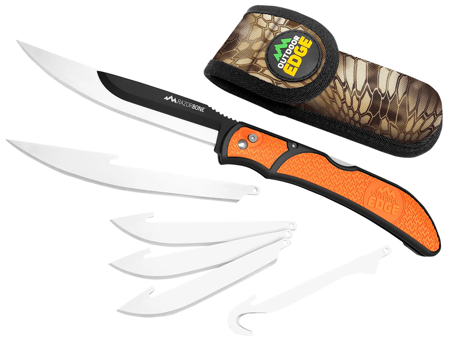 Outdoor Edge RBB20C RazorBone 6 Blades, Folding 3.40" Gut Hook/3.50" Drop Point/5" Fillet Satin/Black Oxide 420J2 SS Blades, Blaze Orange Textured Grivory w/TPR Inserts Handle