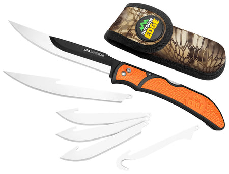 Outdoor Edge RBB20C RazorBone 6 Blades, Folding 3.40" Gut Hook/3.50" Drop Point/5" Fillet Satin/Black Oxide 420J2 SS Blades, Blaze Orange Textured Grivory w/TPR Inserts Handle