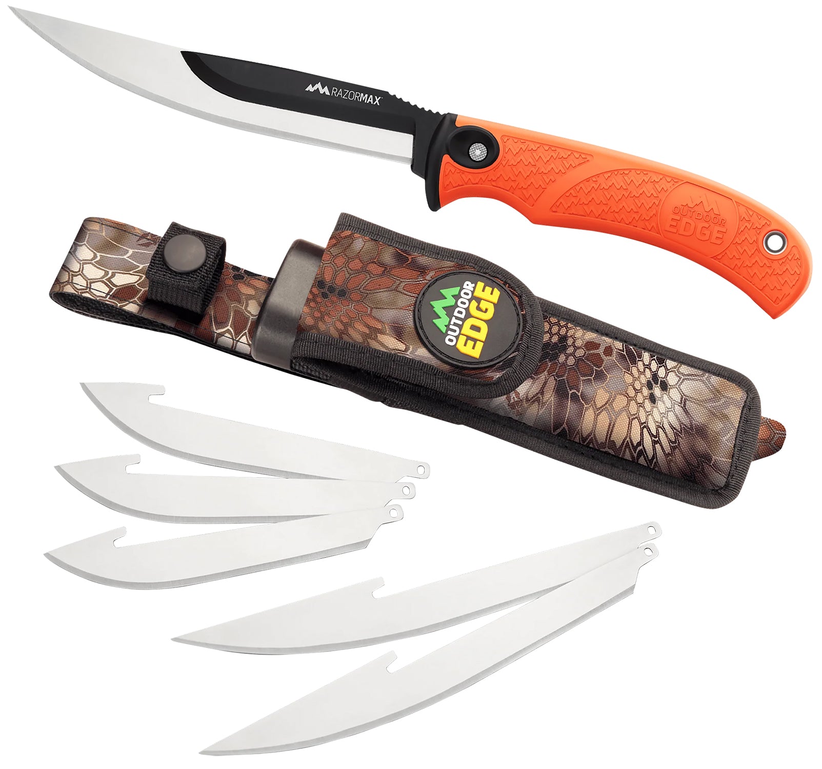 Outdoor Edge RMB20C RazorMax 6 Blades, 3.50" Drop Point/5" Boning Fillet Folding Plain Satin/Black Oxide 420J2 SS Blades, Blaze Orange Textured TPR Handle