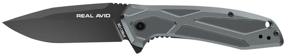 Real Avid AVRAV2 RAV-2 3.25" Folding Drop Point Plain Black Oxide 8Cr13MoV SS Blade, Aluminum Handle, Clamshell Pkg