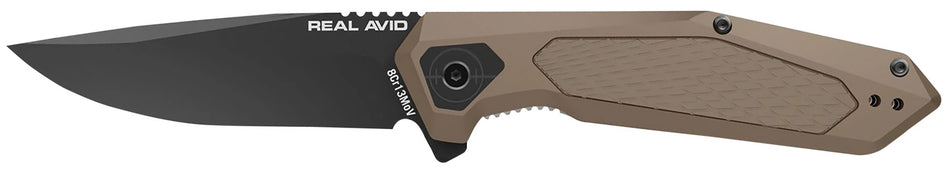Real Avid AVRAV3 RAV-3 3.25" Folding Drop Point Plain Black Oxide 8Cr13MoV SS Blade, Flat Dark Earth Textured Aluminum/SS Handle, Clamshell Pkg